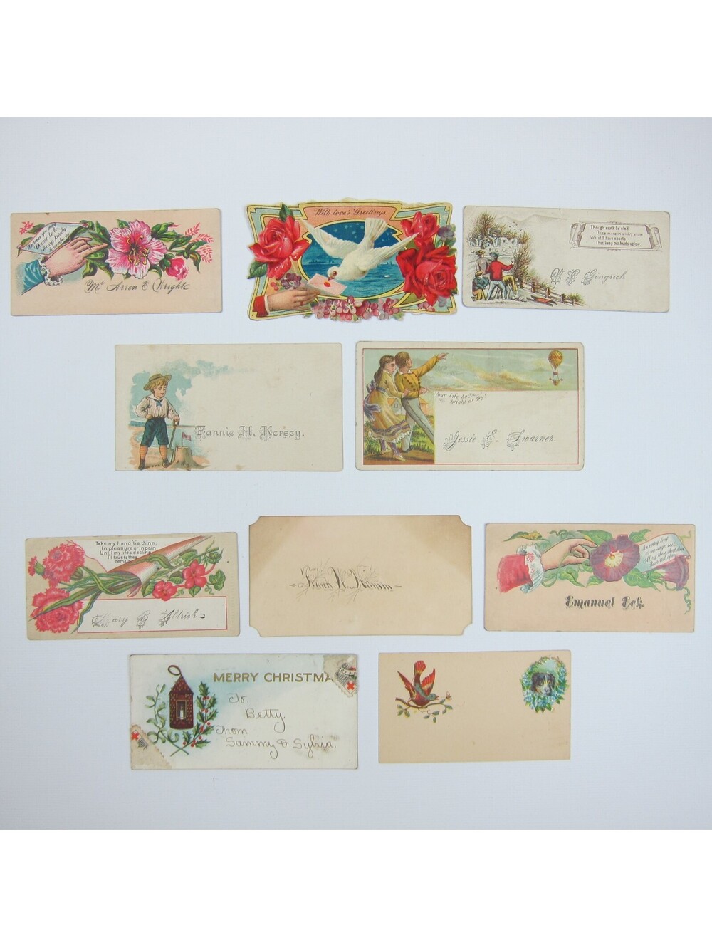 Antique Ephemera Lot 10 Victorian Calling Cards Dove Hot Air Balloon Christmas